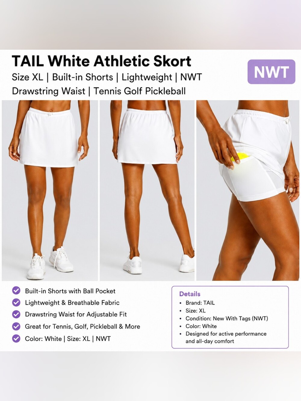 Tail "Spin It" Golf, Pickleball Skort - White, Lightweight Drawstring XL NWT